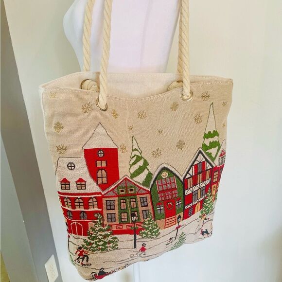 Christmas Cloth Bag Tote Choulder Colorful Winter Village - Picture 1 of 7